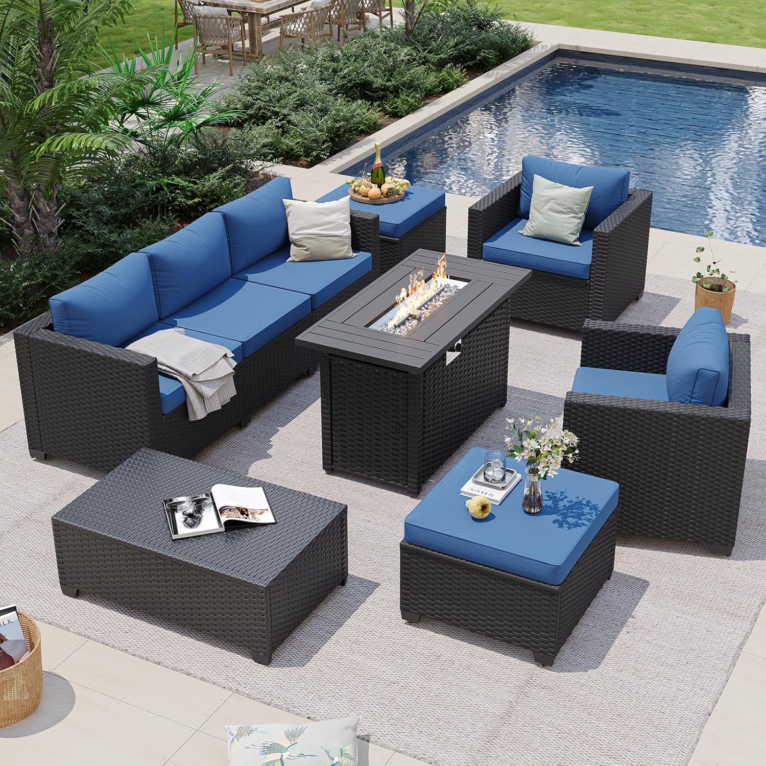 أريكة خارجية زرقاء داكنة مع طا - مراجعة Outdoor Furniture Fire Table وسعره